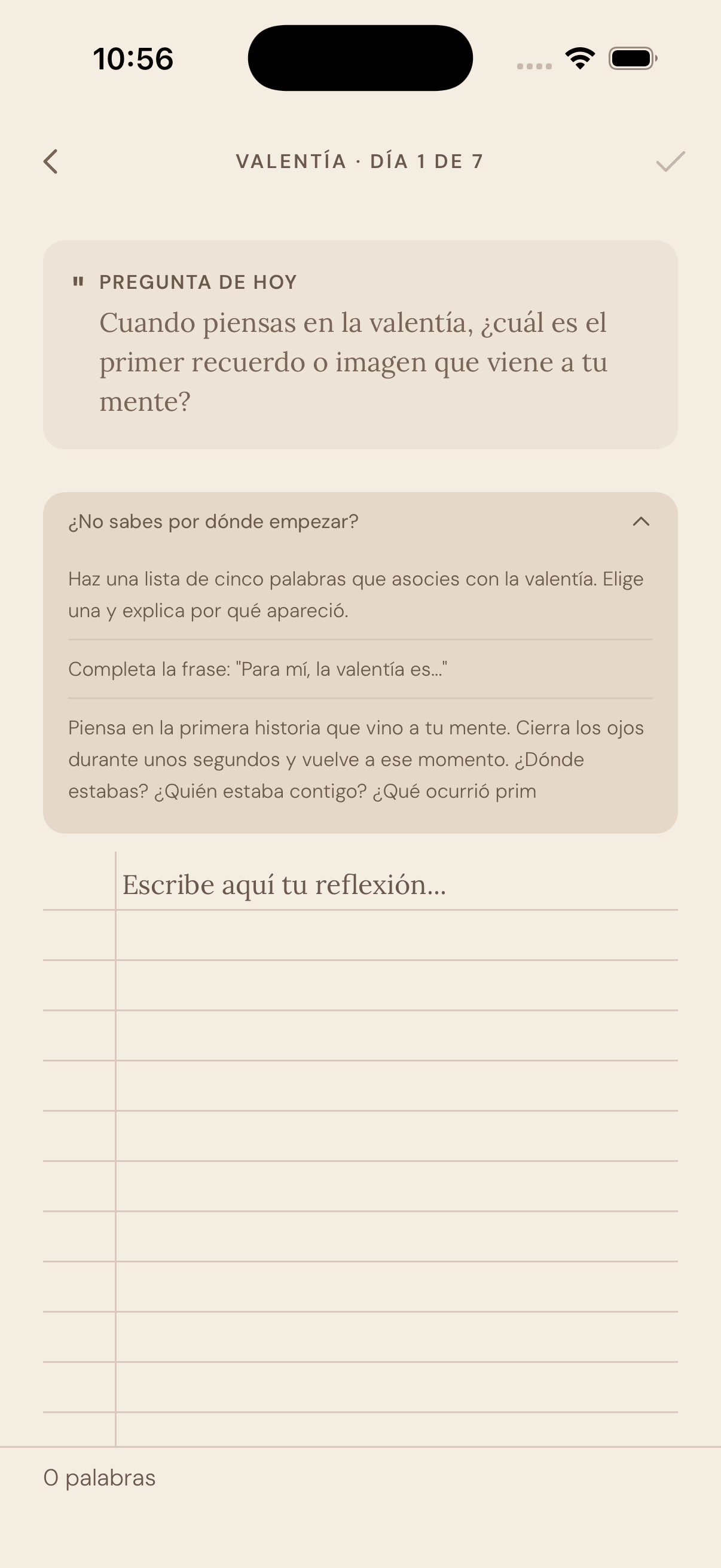 Captura de pantalla de una pregunta de jornada guiada en la app Pause